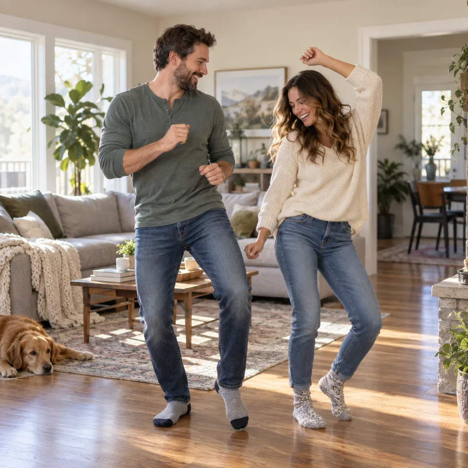 Illustration of two adults dance in a living room while a dog rests nearby.