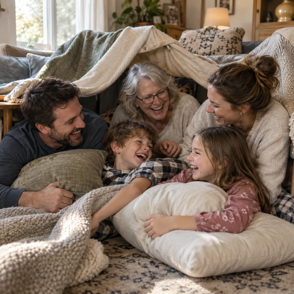 Illustration of three adults and two children laugh together beneath a blanket fort.