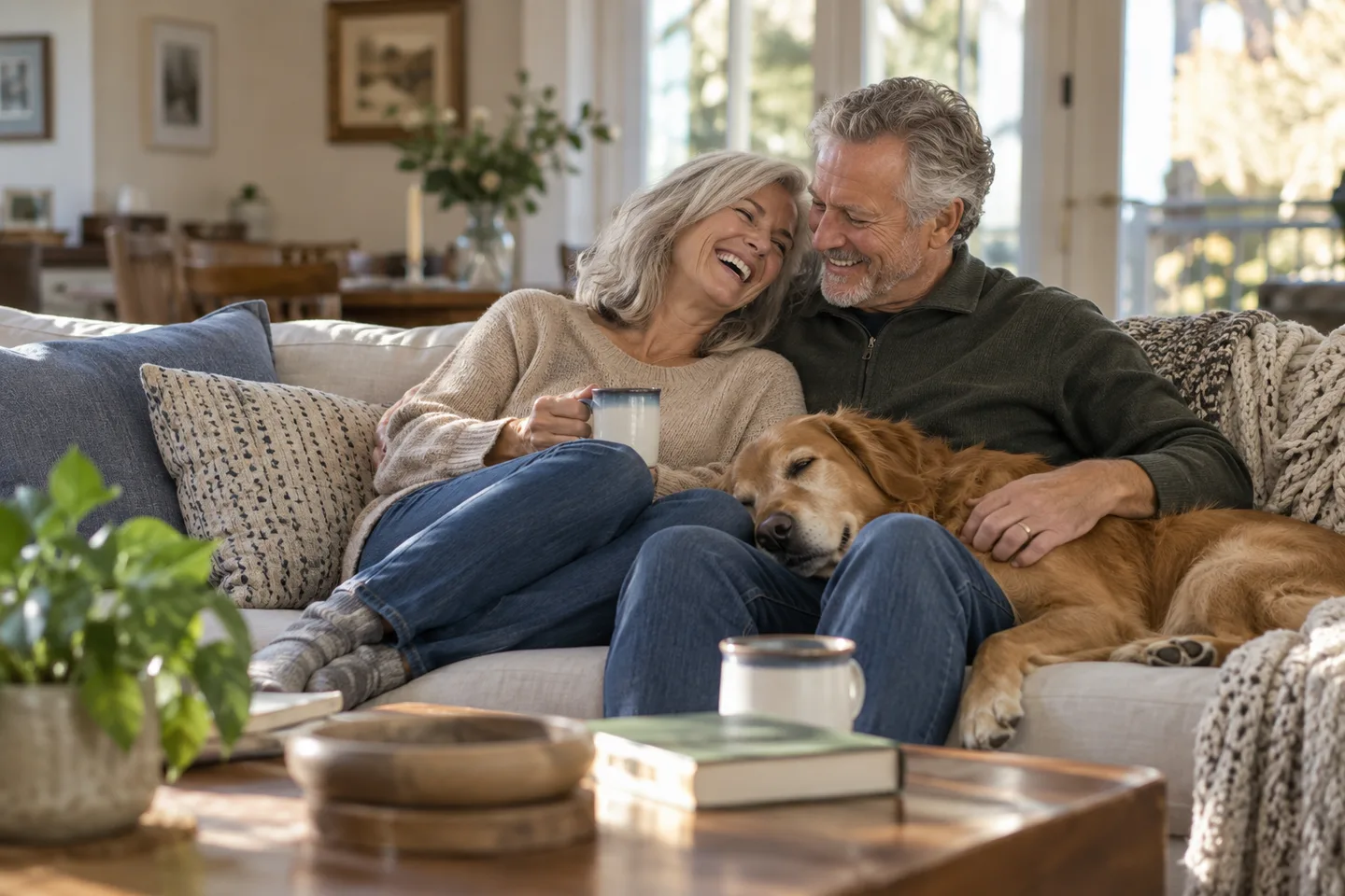 Illustration of two adults sit close on a sofa with a dog resting across their laps.