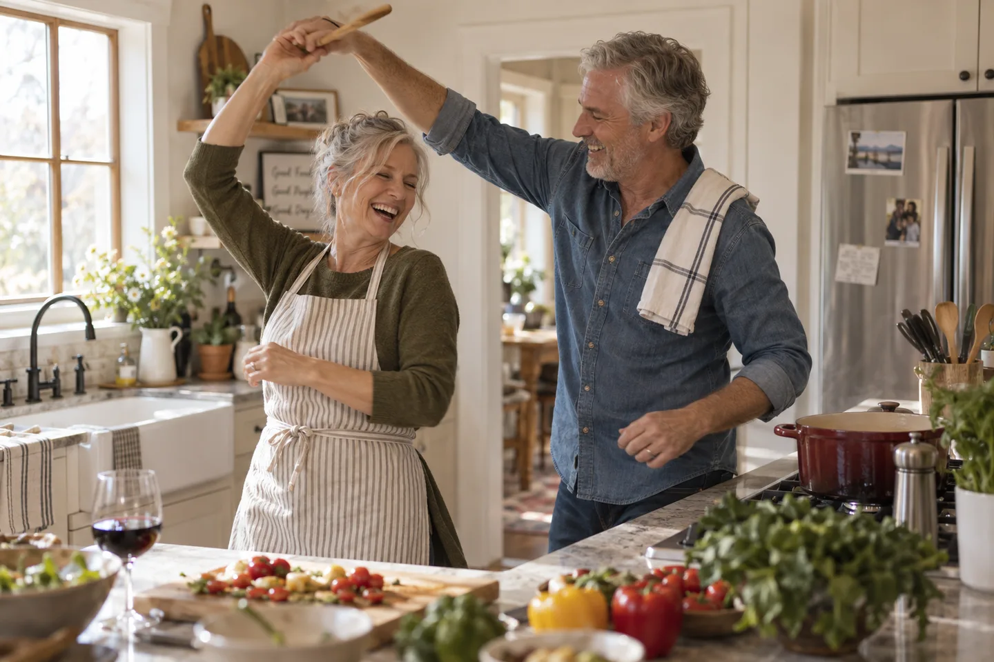 Illustration of two adults dance in a kitchen, holding their joined hands above their heads.