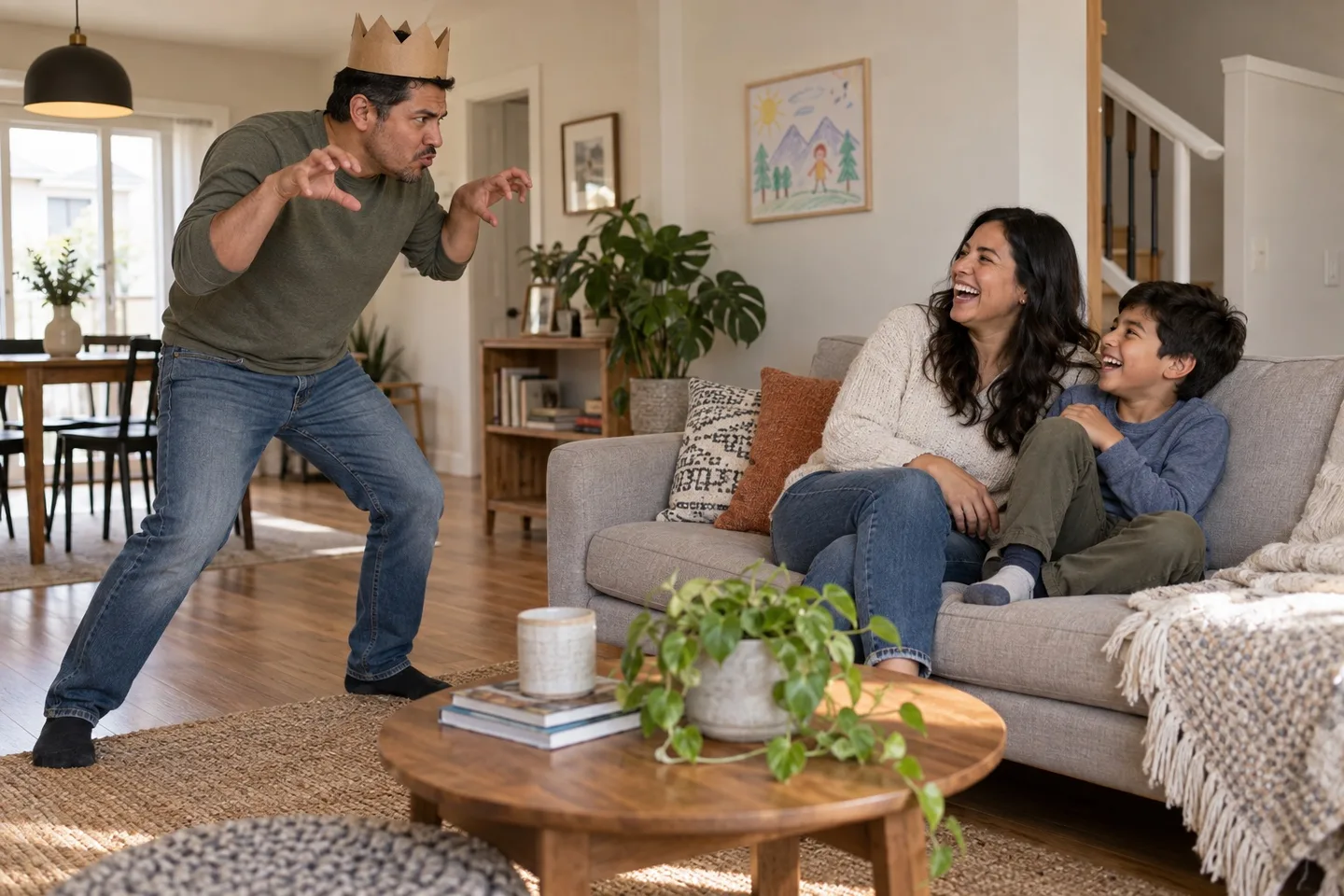 Illustration of an adult wearing a cardboard crown acts out a game for an adult and a child on a sofa.