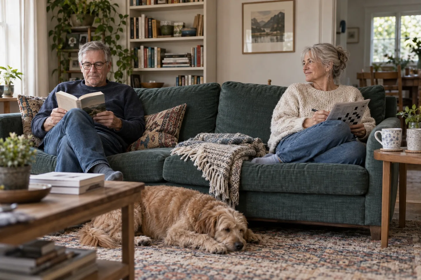 Illustration of two adults read a book and work on a crossword while a dog sleeps by the sofa.