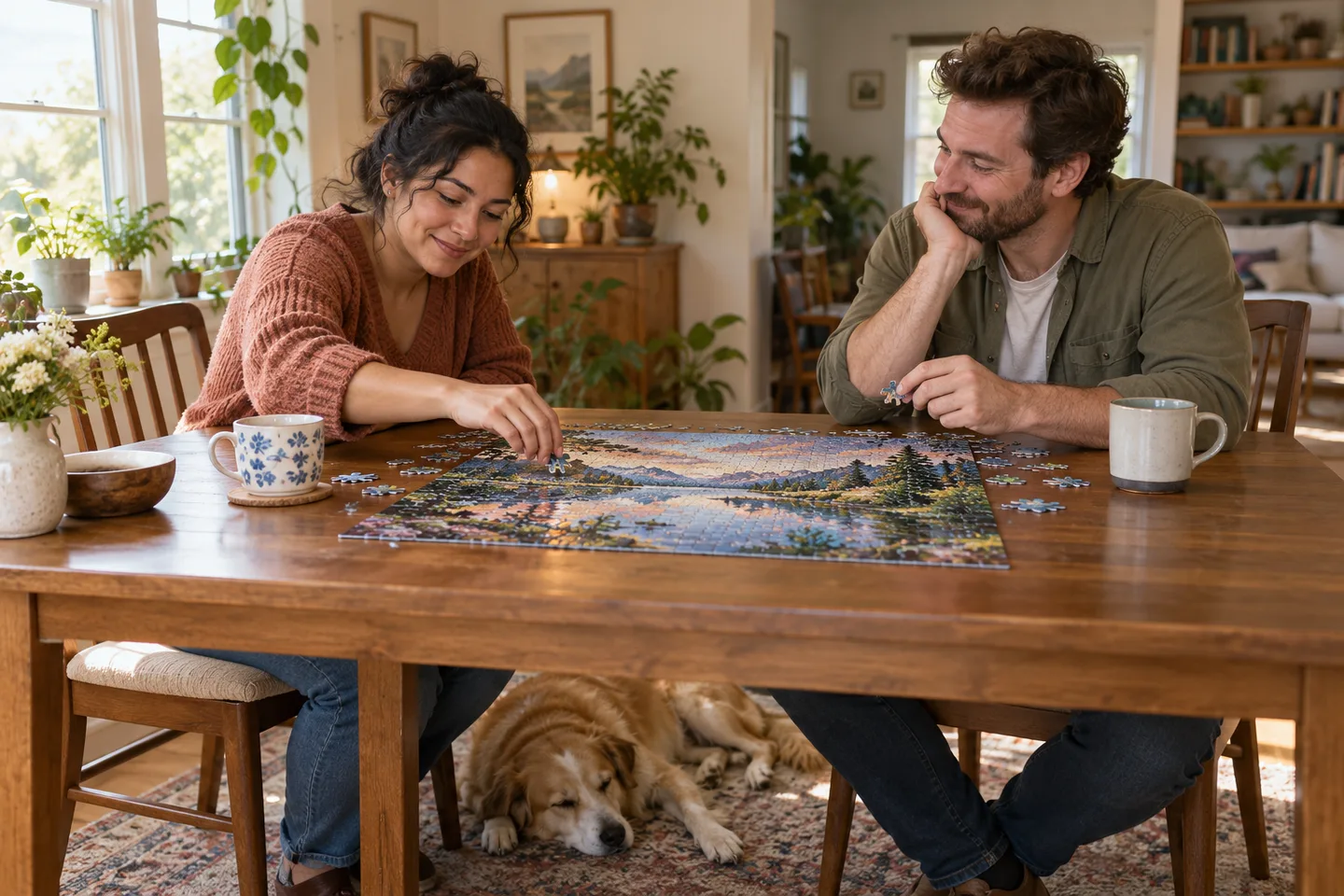Illustration of two adults assemble a jigsaw puzzle at a table while a dog sleeps underneath.
