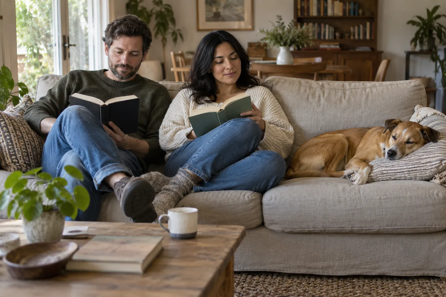 Illustration of two adults read books together on a sofa beside a sleeping dog.