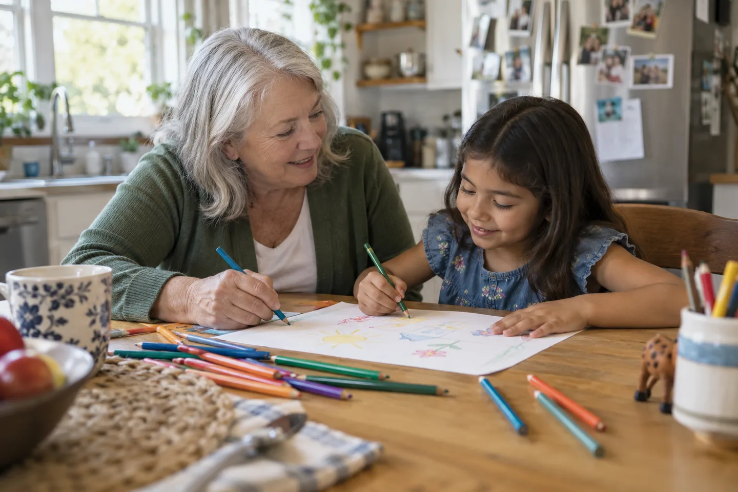 Illustration of an adult and a child draw together with colored pencils at a table.