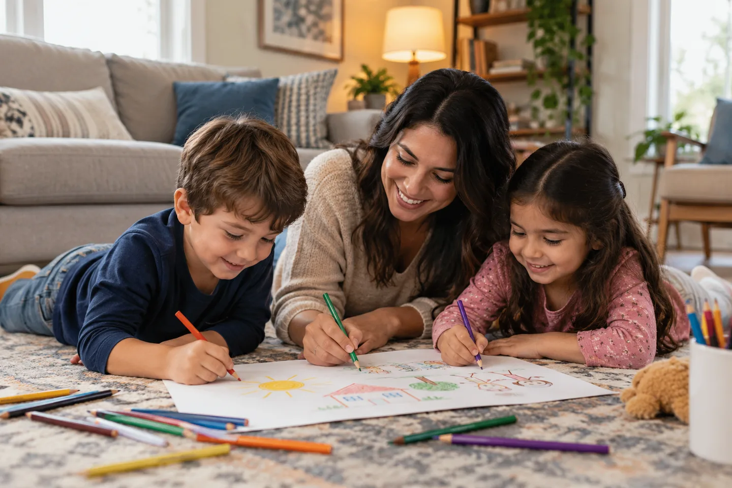 Illustration of an adult and two children draw together on paper spread across a living-room rug.