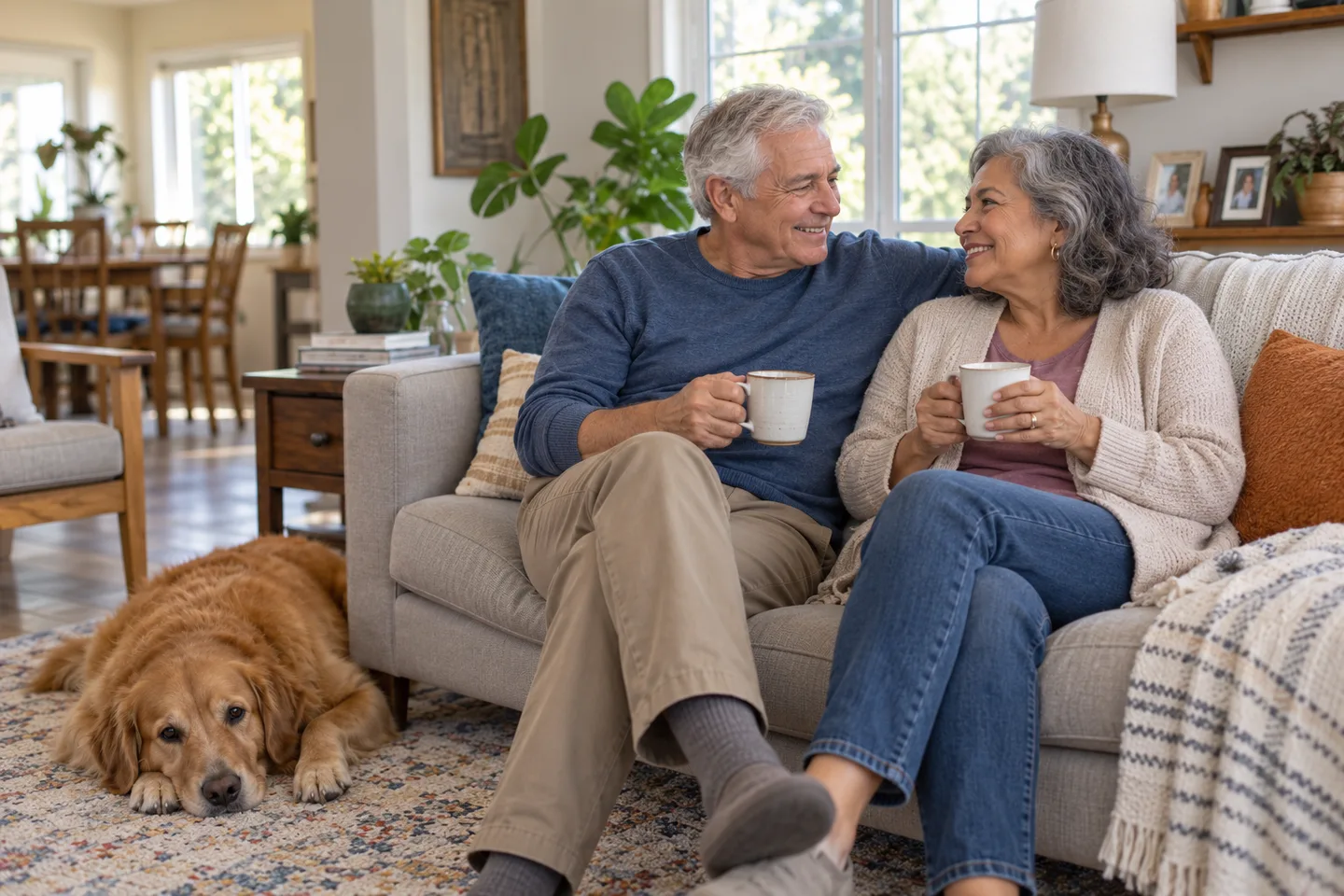 Illustration of an older couple sharing tea on a sofa while a dog rests nearby.