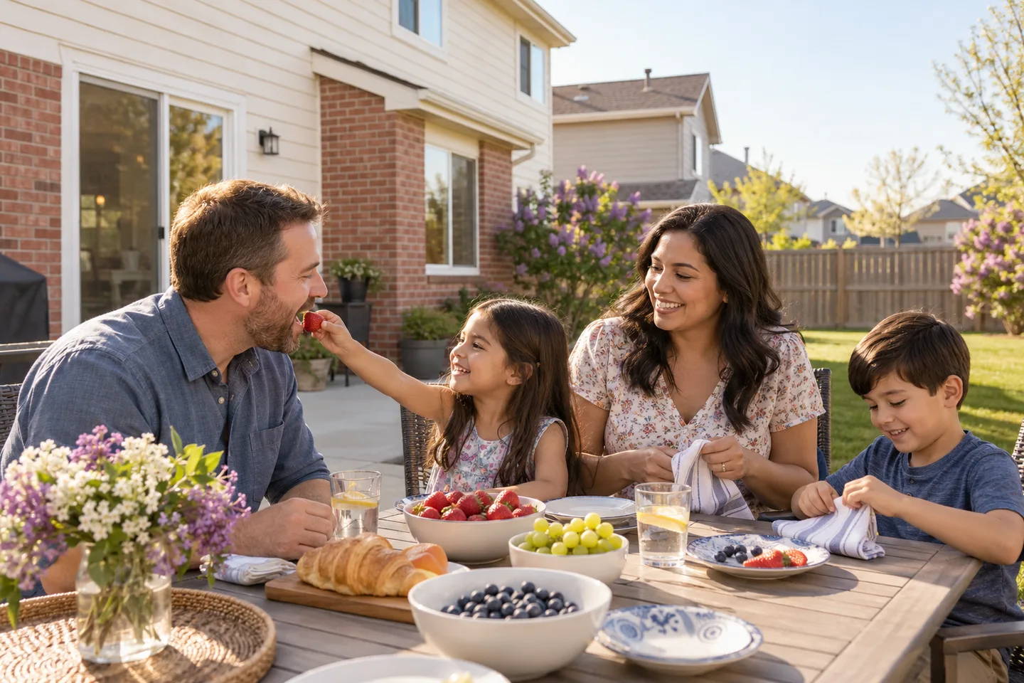 AI-generated illustration: Adults and children share a small picnic on a home's spring garden patio.