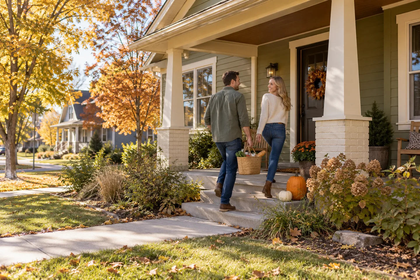 AI-generated illustration: Two adults return with a small basket to a home's autumn porch.
