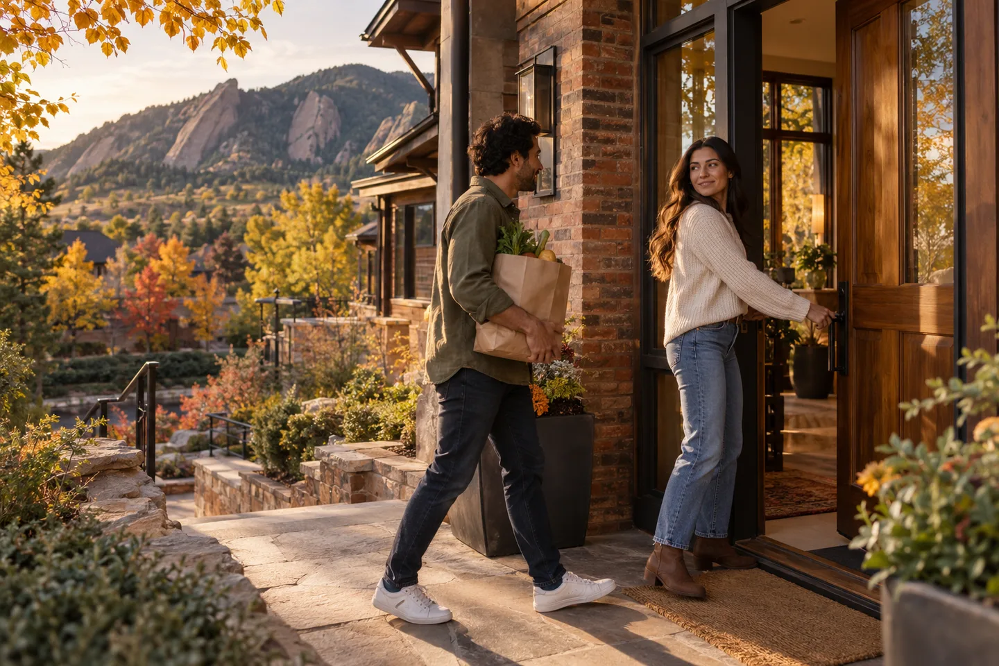 AI-generated illustration: Two adults return to a brick and cedar home with a grocery bag.