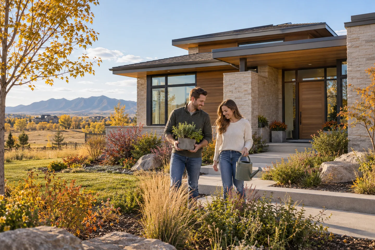AI-generated illustration: A younger couple sharing a garden moment outside a contemporary home in fall.
