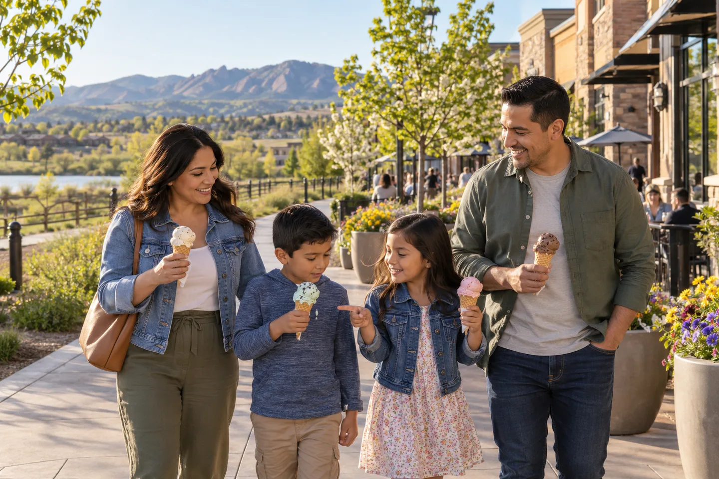 AI-generated illustration: Two parents and two school-age children share ice cream during a pedestrian outing.