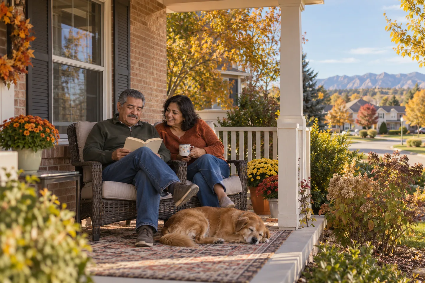 AI-generated illustration: An older couple in their sixties enjoy a relaxed afternoon on a generous covered porch.
