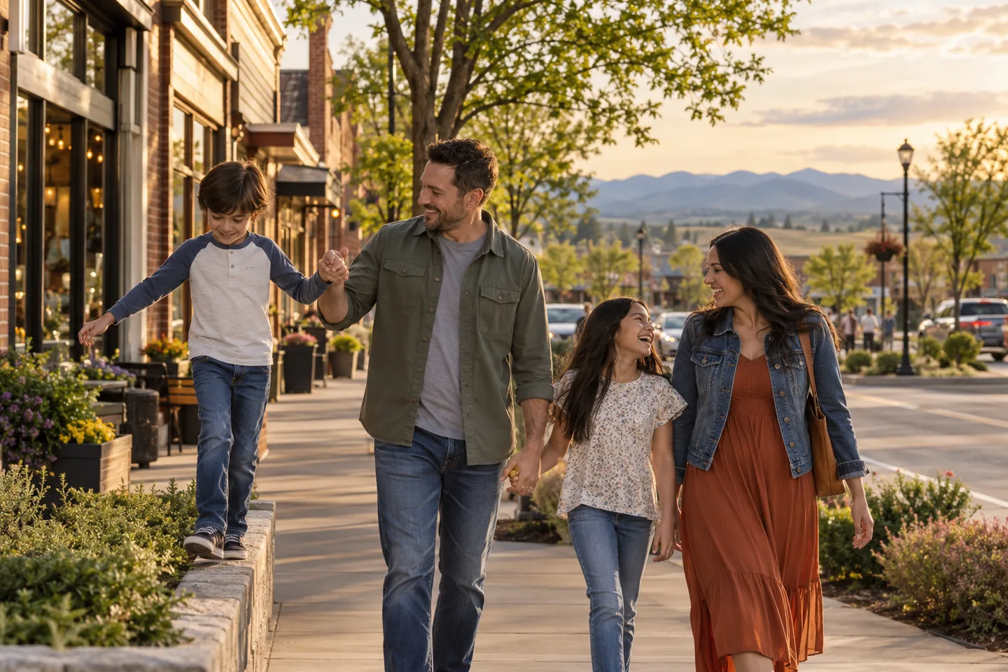 AI-generated illustration: Two adults and two children enjoy an outing beside low-rise town-center buildings.