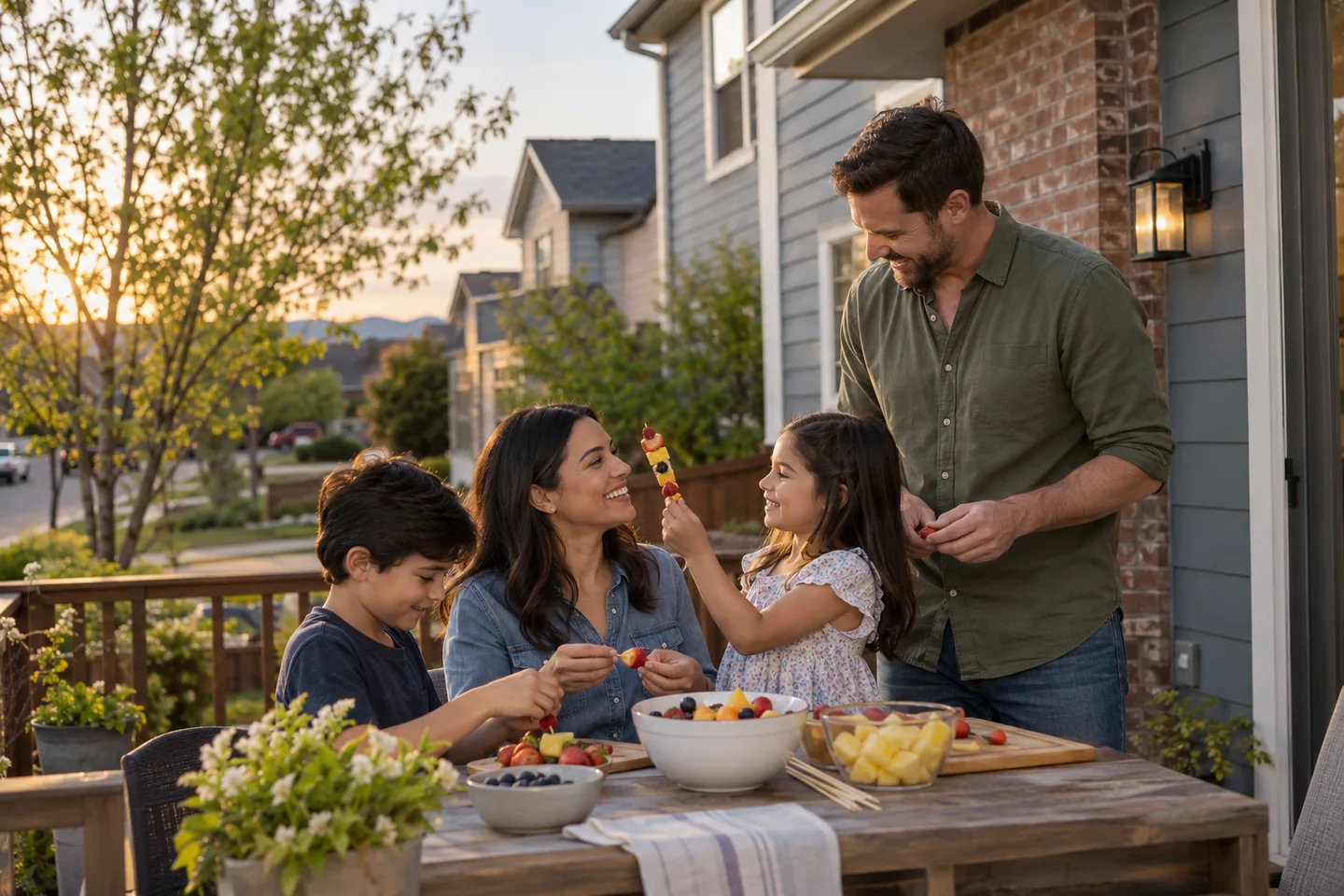 AI-generated illustration: Adults and children prepare fruit on a small deck beside a brick and siding home.