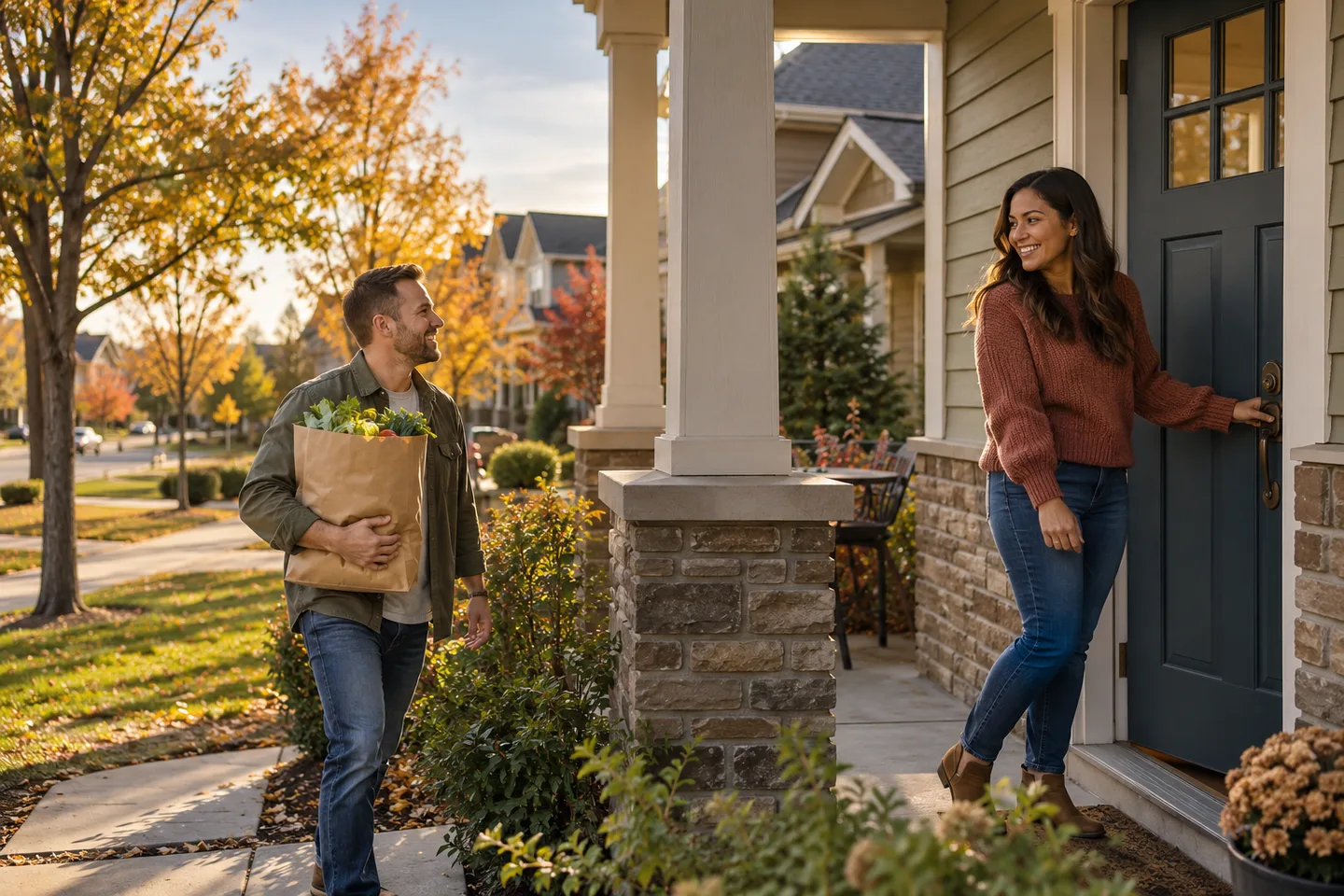 AI-generated illustration: Two adults return to a brick and cedar home with a grocery bag.