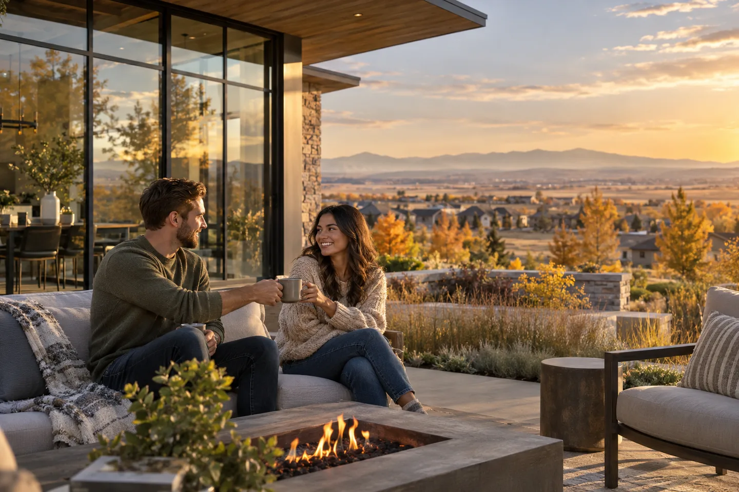 AI-generated illustration: Two adults share mugs on the terrace of a contemporary home.