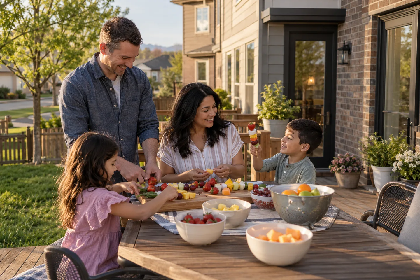 AI-generated illustration: Adults and children prepare fruit on a small deck beside a brick and siding home.