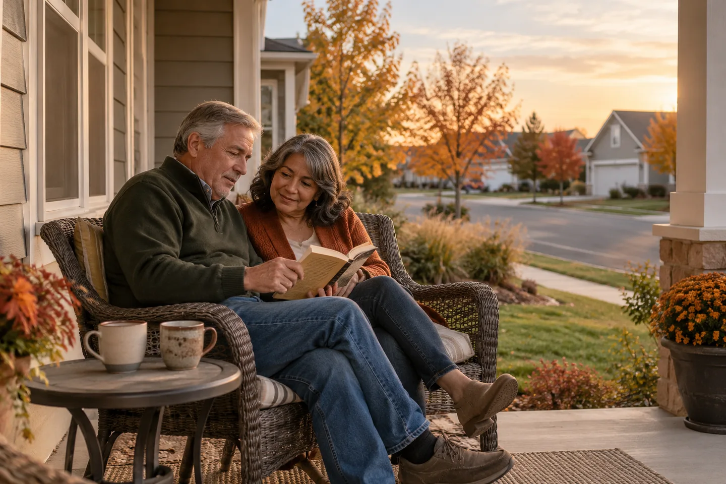 AI-generated illustration: Two older adults share a book on a neighborhood porch.