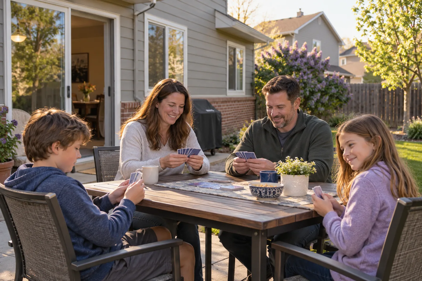 AI-generated illustration: Adults and children play cards on a modest home's spring patio.