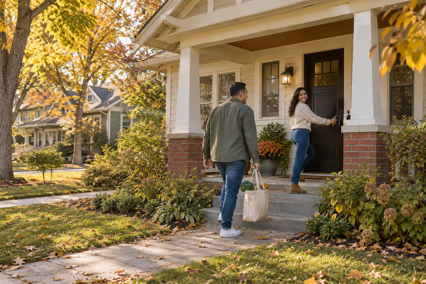 AI-generated illustration: Two adults return with groceries to a neighborhood bungalow in autumn.