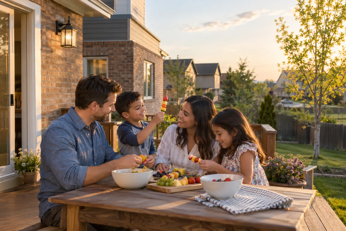 AI-generated illustration: Adults and children prepare fruit on a small deck beside a brick and siding home.