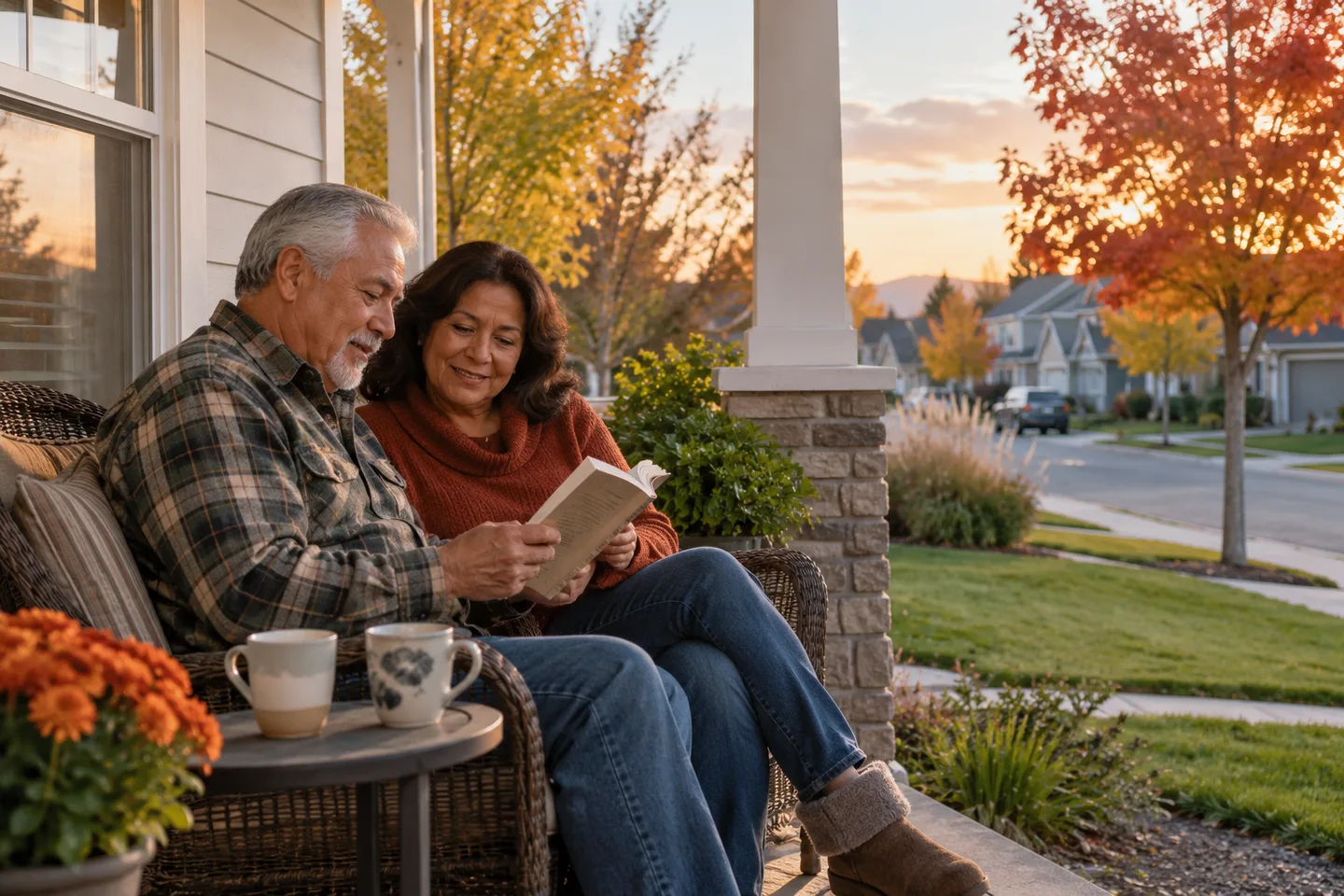 AI-generated illustration: Two older adults share a book on a neighborhood porch.