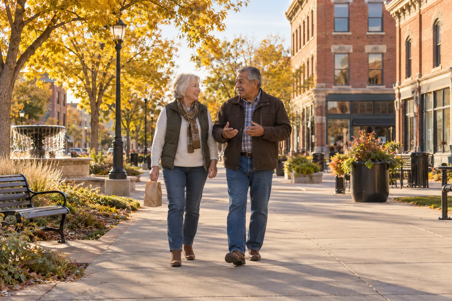 AI-generated illustration: Two older adults walk together beside autumn trees and downtown brick buildings.