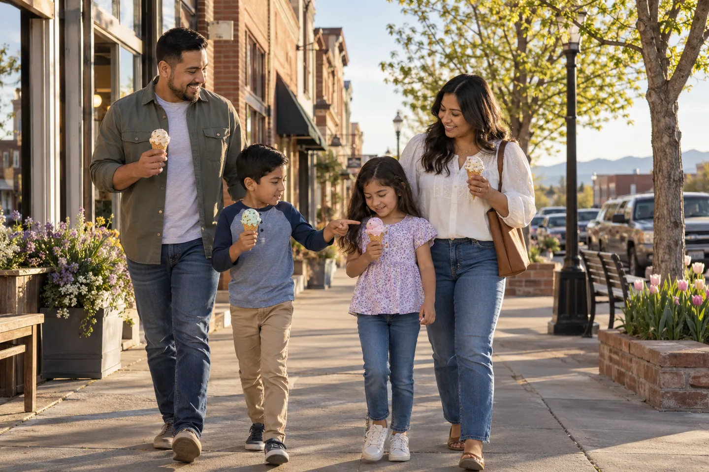 AI-generated illustration: Two parents and two school-age children share ice cream during a pedestrian outing.