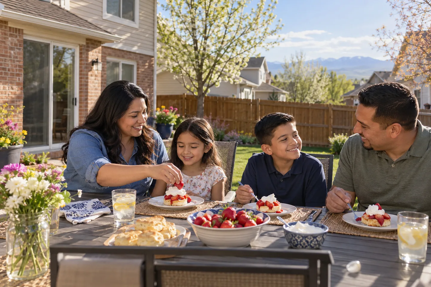 AI-generated illustration: A family of four enjoys a small outdoor patio lunch.