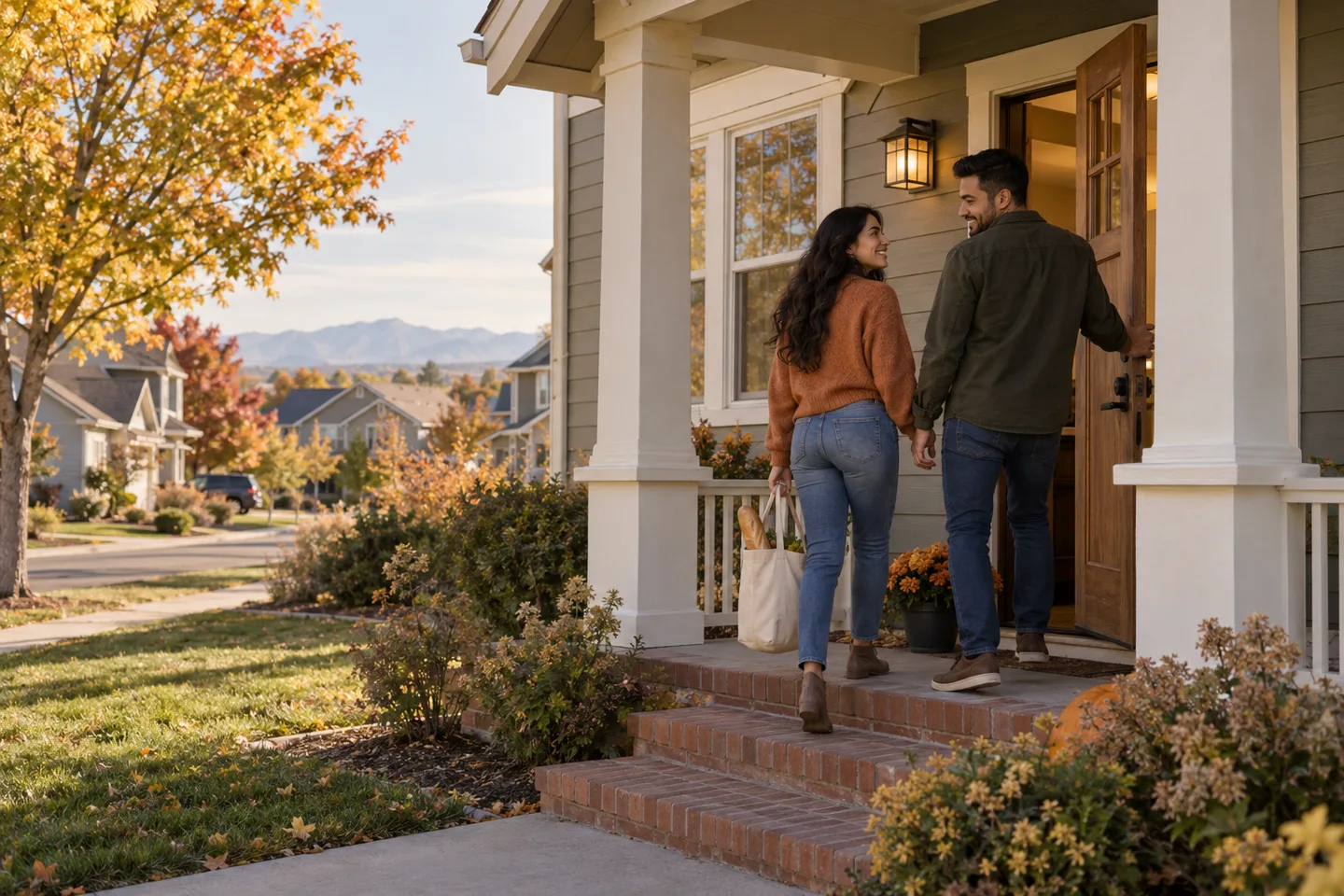AI-generated illustration: A younger couple in their late twenties arrive at their attractive front porch after a neighborhood walk.