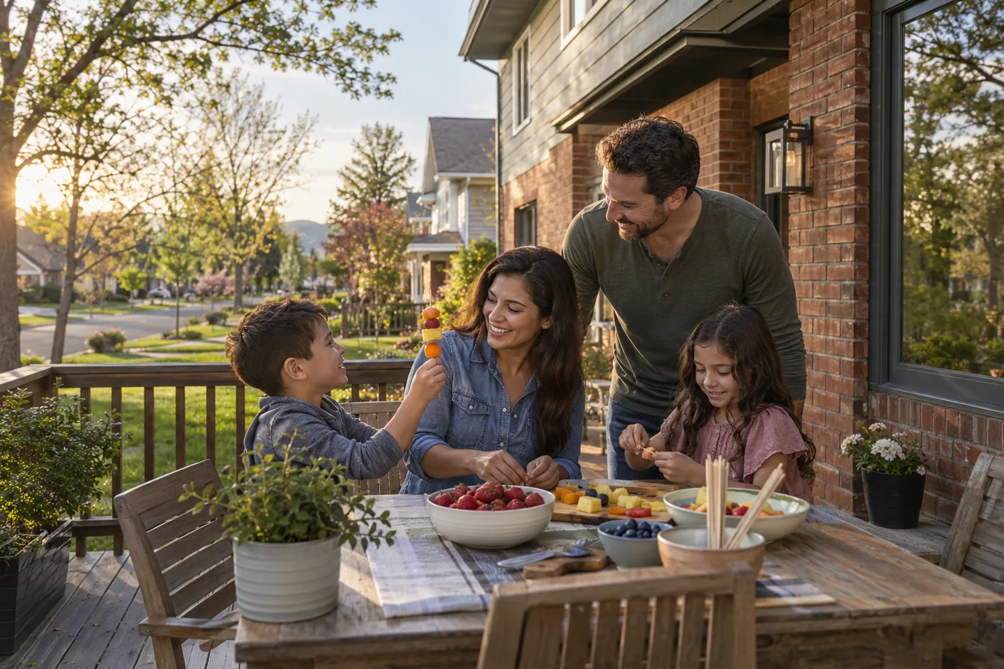 AI-generated illustration: Adults and children prepare fruit on a small deck beside a brick and siding home.