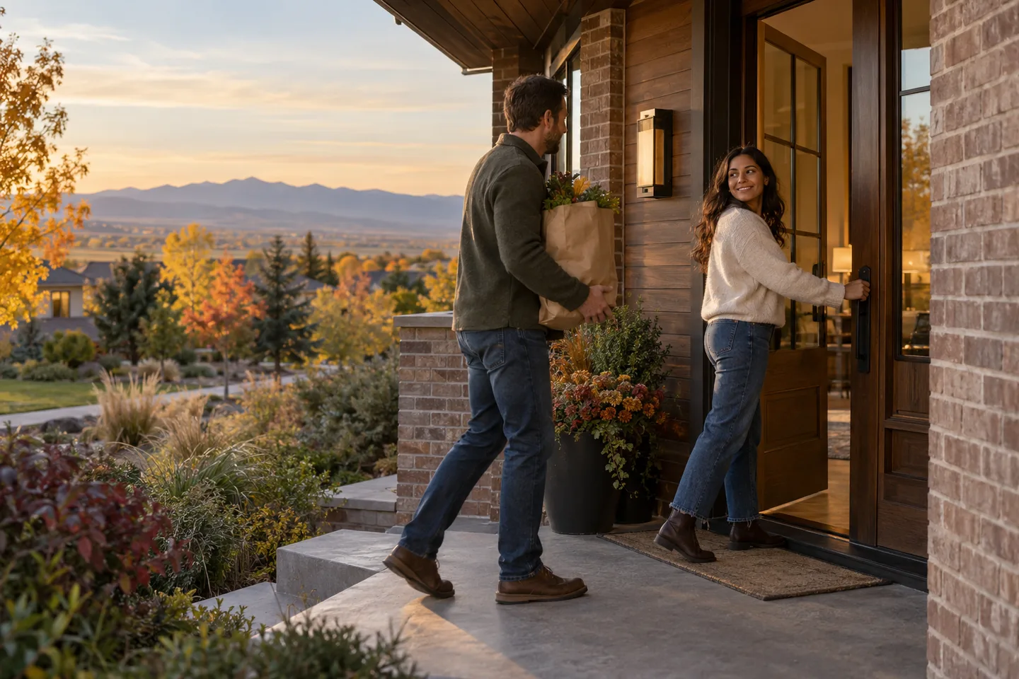 AI-generated illustration: Two adults return to a brick and cedar home with a grocery bag.