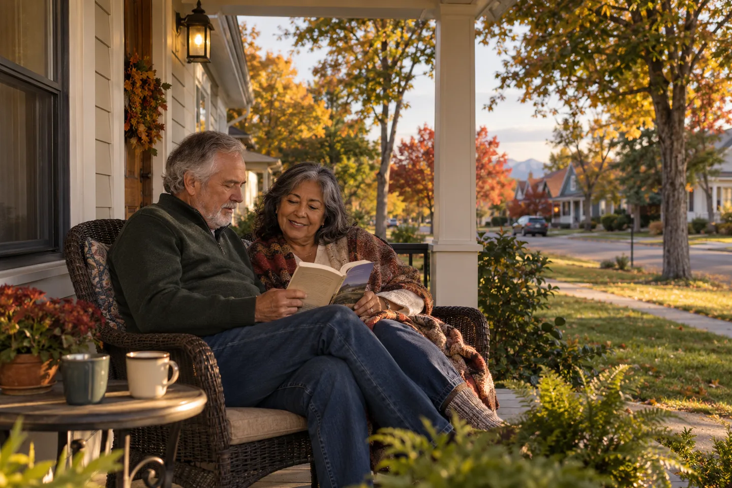 AI-generated illustration: Two older adults share a book on a neighborhood porch.