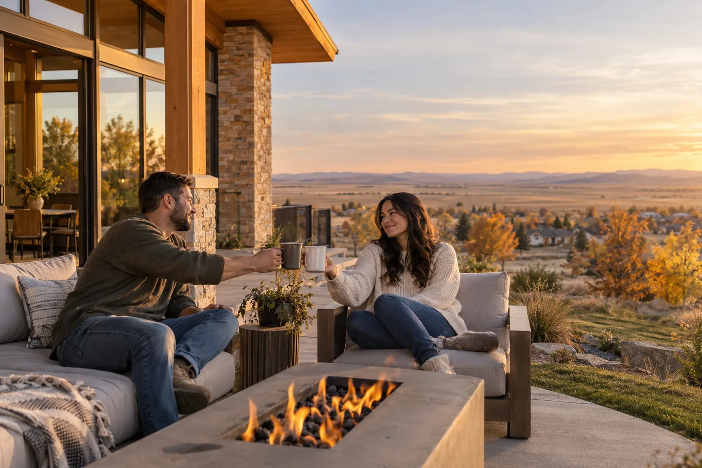 AI-generated illustration: Two adults share mugs on the terrace of a contemporary home.