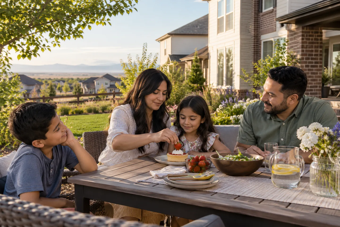 AI-generated illustration: A family of four enjoys a small outdoor patio lunch.