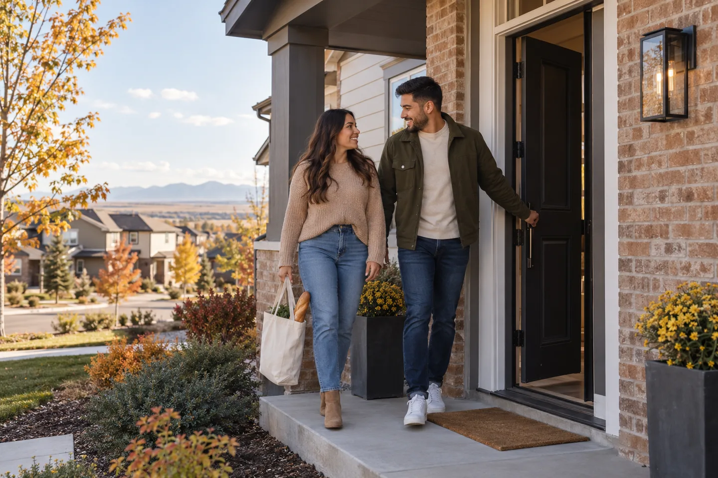 AI-generated illustration: A younger couple in their late twenties arrive at their attractive front porch after a neighborhood walk.