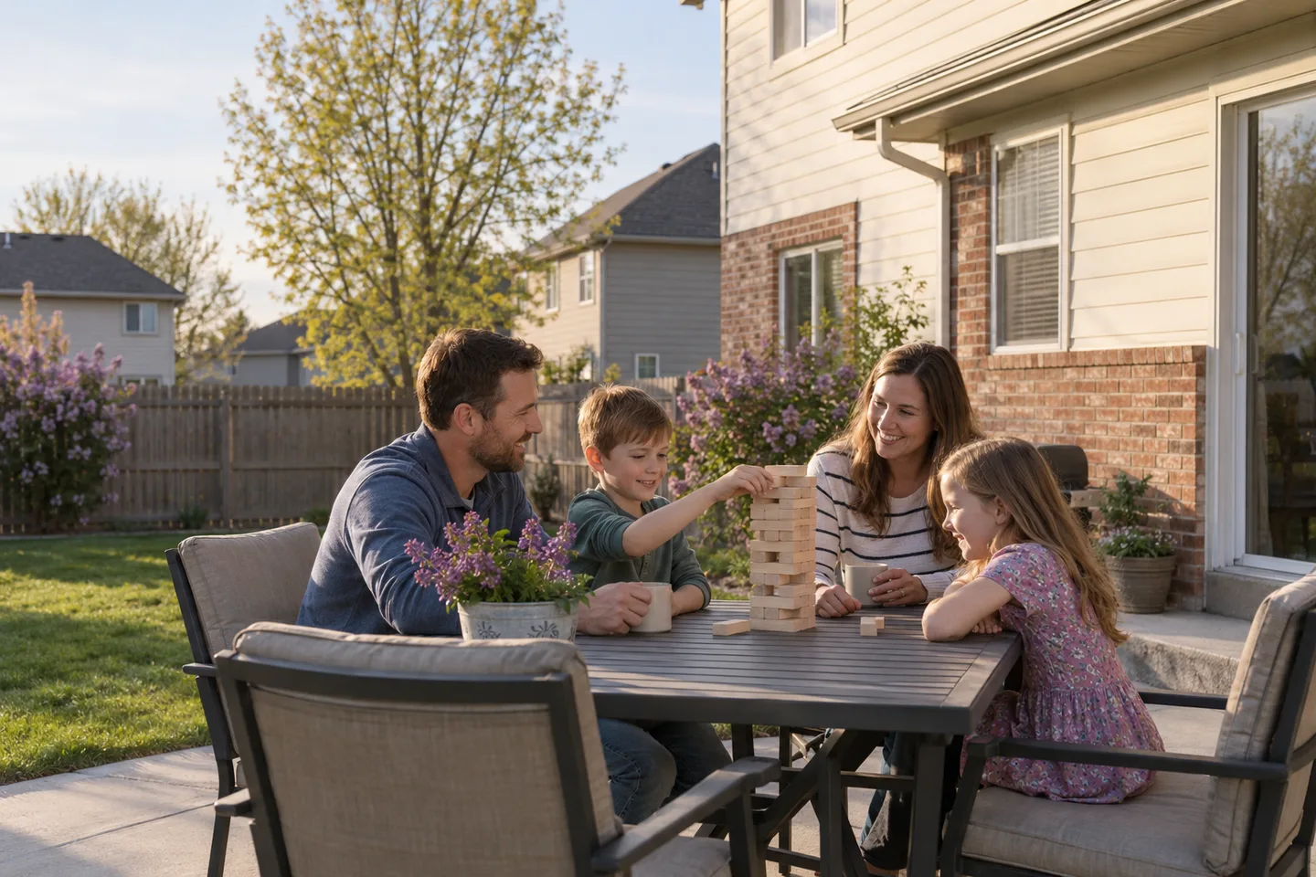 AI-generated illustration: Adults and children play a table game on a covered garden patio in spring.
