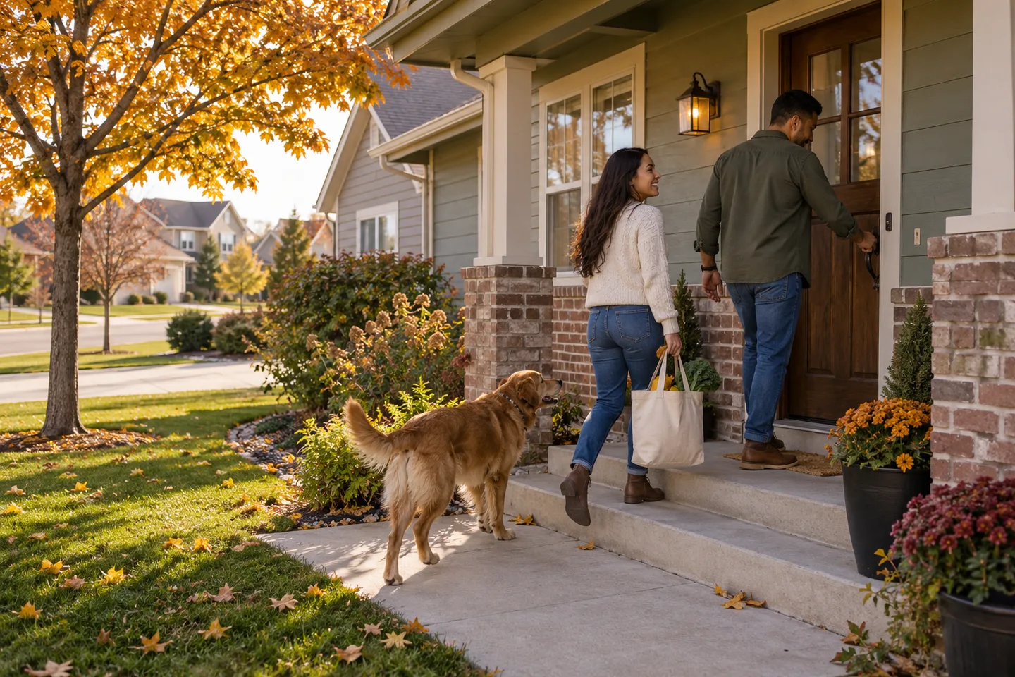 AI-generated illustration: Two adults return to a timber porch with a canvas grocery tote in autumn.