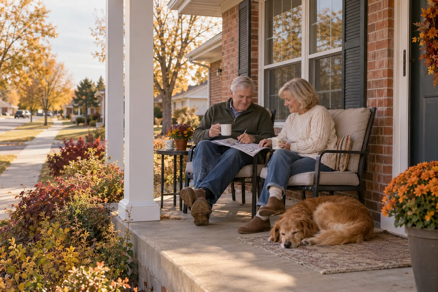 AI-generated illustration: Two older adults share a relaxed conversation on a home's autumn porch.