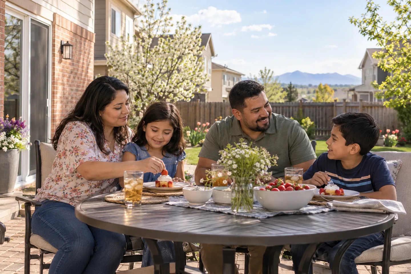AI-generated illustration: A family of four enjoys a small outdoor patio lunch.